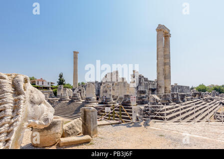 Avec lion sculpture sur le premier plan, Vue de Temple d'Apollon à zone archéologique de Didim Aydin, Didymes, province, la Turquie, l'Europe. Banque D'Images