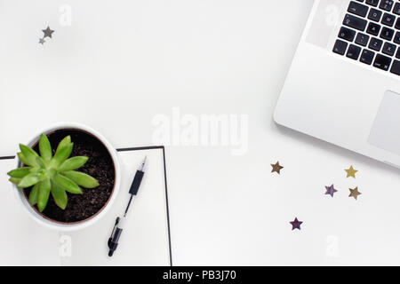 Mise à plat d'un bureau avec un ordinateur portable, portable, stylo, succulentes et stars on white Banque D'Images