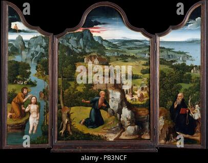 La pénitence de saint Jérôme. Artiste : Joachim Patinir, Russisch (ou Dinant Bouvignes, active en 1515-mort 1524 Anvers). Dimensions : haut : en forme de panneau central, dans l'ensemble, avec châssis engagé, 46 1/4 x 32 in. (117,5 x 81,3 cm) ; chaque aile, dans l'ensemble, avec châssis engagé, 47 1/2 x 14 in. (120,7 x 35,6 cm). Date : ca. 1512-15. Reconnaissant le rôle de premier plan dans Patinir un nouveau genre, Albrecht Dürer visés à l'artiste en 1521 comme le "bon peintre de paysages.' Ce retable intact était probablement une commission allemande, depuis ses ailes extérieures montrent Sebald, saint patron de Nuremberg, et sainte Anne avec t Banque D'Images