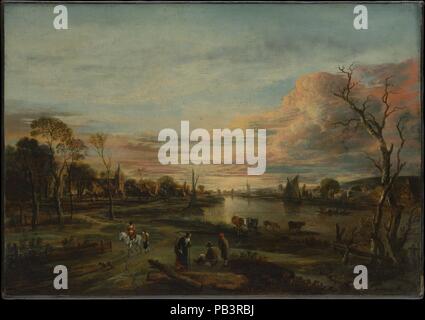 Au coucher du soleil. Artiste : Aert van der Neer (Néerlandais, Gorinchem 1603/4-1677 Amsterdam). Dimensions : 20 x 28 1/8 in. (50,8 x 71,4 cm). Date : années 1650. Un oeil vif pour les effets de lumière distingue les peintures de paysage de Aert van der Neer. Ici, l'artiste a tourné son attention vers le soleil au-dessus d'une rivière, avec rose et jaune lumineux brillamment nuages jeter leurs réflexions sur l'eau ci-dessous. Au premier plan, touristes de différentes classes sociales se déplacent le long d'une route serpentine qui attire l'oeil en arrière vers un village de la distance. Dans sa coloration et anecdotiques, détail, le pa Banque D'Images