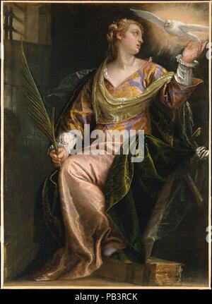 Sainte Catherine d'Alexandrie en prison. Artiste : Paolo Veronese (Paolo Caliari) italien (1528-1588) Venise, Vérone. Dimensions : 45 x 33 3/4 in. (116,2 x 83,8 cm). Date : ca. 1580-85. L'Empereur romain Maxence condamné Saint Catherine, un quatrième siècle la princesse d'Alexandrie qui avait tenté de le convaincre de la validité du christianisme, à douze jours de faim en prison. Véronèse montre son obscurité dans une cellule de prison réconfortés par la colombe du Saint-Esprit. Derrière et au-dessous de son sont des fragments de la roue avec laquelle l'Empereur a demandé, sans succès, de la tuer. Elle a finalement été martyr Banque D'Images