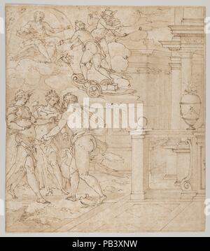 Design tapisserie avec venus chercher de l'aide auprès de Junon, Cérès et Jupiter. Artiste : Giovanni Battista Castello, dit Il Bergamasco (Italien, Gandino 1509-1569 Madrid). Fiche Technique : Dimensions : 11 × 10 15/16 9/16 in. (30,4 × 26,9 cm). Date : 1555-65. Musée : Metropolitan Museum of Art, New York, USA. Banque D'Images