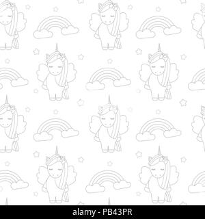 Cute cartoon belle transparente noir et blanc de fond vecteur illustration avec les licornes et les arcs-en-ciel Illustration de Vecteur