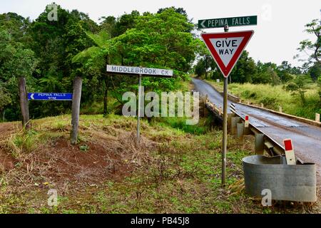 Le pont sur le ruisseau avec Pepina falls, Atherton, Queensland, Australie Banque D'Images