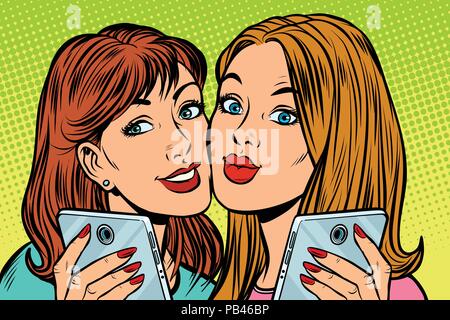 Deux copines smartphone selfies Illustration de Vecteur