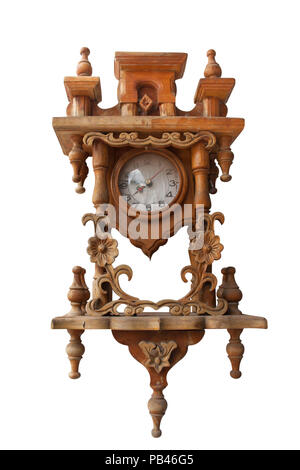 Horloge en bois Vintage isolated on white Banque D'Images