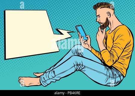 Hipster homme assis sur le sol et la lecture de smartphone Blackberry Illustration de Vecteur