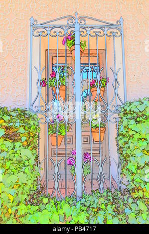 Belle fenêtre typique du sud de l'Espagne décorée de pots de fleurs de couleur à utiliser comme arrière-plan. Fonds écrans de textures. Banque D'Images