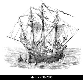 'Henry grace à Dieu', également connu sous le nom de Harry, un grand caraque anglaise était Henry VIII's flagship avec un équipage de 700 à 1 000 hommes. Elle a été le premier Français à deux étages et une fois lancé autour de 1513 a été le plus grand et le plus puissant navire de guerre dans l'Europe et l'un des premiers navires aux sabords caractéristique, avec vingt heavy canon en bronze, permettant un broadside. Mais dès le début, il est apparu que le navire était trop lourde, aux prises avec de lourdes matériel roulant dans une mer difficile et pauvres touchés de la stabilité et la précision des armes à feu sur le rendement général en tant que plate-forme de combat. Banque D'Images