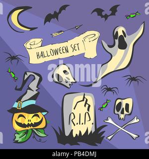 Halloween Icons Set. Les chauves-souris, des crânes, des os, du potiron, du ruban, des bonbons, des araignées, Ghost et pierre tombale. Les objets vectoriels Illustration de Vecteur
