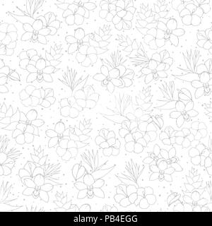 Tropical Vecteur de répétition avec orchidée hibiscus, oiseaux de paradis et fleurs contours sur la white dotted background. Contexte La ligne de fleurs exotiques Illustration de Vecteur