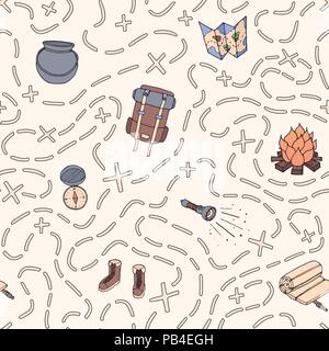 Hand drawn vector seamless pattern avec sac à dos de camping, Bonfire, chaussures, carte, chaudron, sac de couchage, lampe de poche, boussole et chemin d'emplacement. Trave Illustration de Vecteur