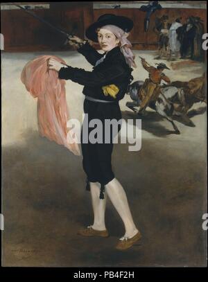 Mademoiselle C. . . Dans le costume d'un Espada. Artiste : Édouard Manet (français, Paris 1832-1883 Paris). Dimensions : 65 x 50 1/4 in. (165,1 x 127,6 cm). Date : 1862. Manet modèle représenté Victorine Meurent (1844-1928) sous l'apparence d'un homme  <i >espada </i >, ou matador, son emprunt posent d'une impression de la Renaissance. Victorine's shoes ne conviennent pas pour la tauromachie, et la cape rose qu'elle s'épanouit n'est pas la bonne teinte, mais elle enlève son rôle avec panache. La toile reproduit une scène de Goya's  <i >Tauromaquia </i > série, célébrant les exploits de toreros. Lorsque cette peinture a été expositio Banque D'Images