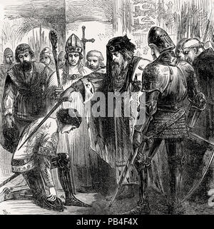 Le roi Édouard III knighting Edward de Woodstock, le Prince Noir en 1346, de la bataille sur terre et mer, par James Grant Banque D'Images