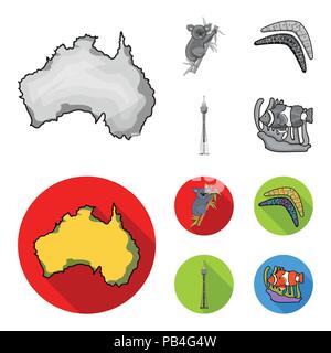 Koala sur le bambou, le boomerang, la tour de Sydney, le poisson clown et l'ammonium.Australie collection set d'icônes dans le style monochrome,télévision stock symbol vector illustra Illustration de Vecteur