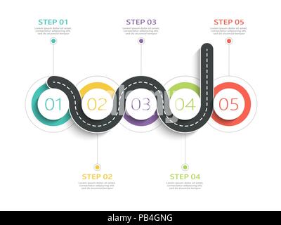 Route sinueuse façon location infographic template avec une structure progressive. Cercle business modèle avec options de diagramme, chronologie. Vector EPS 10 Illustration de Vecteur