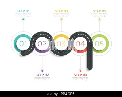 Route sinueuse façon location infographic template avec une structure progressive. Cercle business modèle avec options de diagramme, chronologie. Vector EPS 10 Illustration de Vecteur