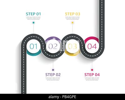 Route sinueuse façon location infographic template avec une structure progressive. Cercle business modèle avec options de diagramme, chronologie. Vector EPS 10 Illustration de Vecteur