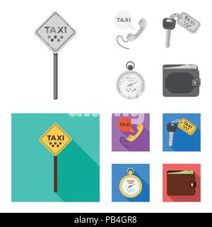 Combiné avec l'inscription d'un taxi, des clés de voiture avec un porte-clé, un chronomètre d'un prix, une bourse avec de l'argent, les dollars. Jeu de taxi en icônes collection mo Illustration de Vecteur