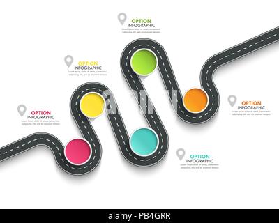 Route sinueuse façon location infographic template avec une structure progressive. Cercle business modèle avec options de diagramme, chronologie. Vector EPS 10 Illustration de Vecteur