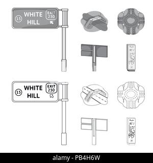 Panneaux de direction et autre icône de contours,style monochrome.carrefours routiers et des panneaux d'icônes dans set collection. Illustration de Vecteur