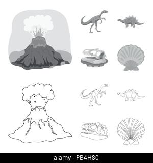 Éruption volcanique, gallimimus, crâne de dinosaure stegosaurus,. Période préhistorique et dinosaures collection set icônes de style monochrome,contour vector sym Illustration de Vecteur
