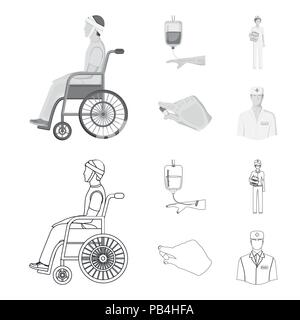Incorrect avec trauma, transfusion sanguine, médecin, médicaments dans les mains d'un médecin. Collection d'icônes dans Medicineset,contour vectoriel style monochrome s Illustration de Vecteur