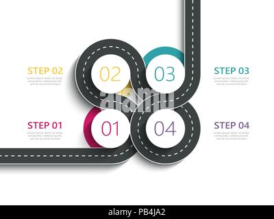 Route sinueuse façon location infographic template avec une structure progressive. Cercle business modèle avec options pour brochure, diagramme, chronologie.. EPS 10 Illustration de Vecteur