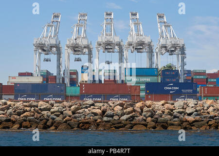 Portiques en attente de décharger le Reciently arrivé COSCO Shipping Container Ship, COSCO BELGIQUE, au Quai d'amarrage J dans le Port de Long Beach, USA. Banque D'Images