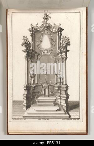 Conception d'un autel Monumental, la plaque h de 'Inventierte Altäre Unterschiedliche Neu mit darzu gehörigen Profillen u. Grundrißen.'. Artiste : Johann Michael Leüchte (allemand, actif, est mort d'Augsbourg 1759). Dimensions : hors tout : 8 7/16 x 13 3/4 in. (21,5 × 35 cm). Editeur : Martin Engelbrecht (allemand, Augsburg Augsbourg 1684-1756). Date : Imprimé ca. 1750-56. Ornement imprimer avec une conception d'un autel dans un style baroque tardif, avec un grand reliquaire de l'architecture sur la table d'autel surmonté d'un crucifix et flanqué de la figure de Mozes et un prêtre (Levi ?) de l'Ancien Testament. Cette impression est lié Banque D'Images