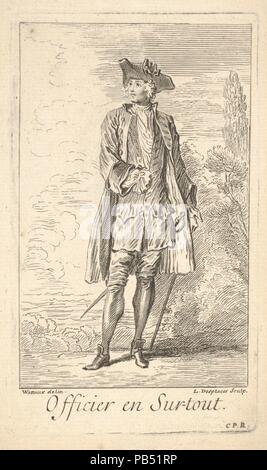 L'homme à la robe d'officier, avec épée accrochés à la hanche gauche, illustré en vue frontale avec la tête tournée vers la gauche, les arbres au-delà. Artiste : Après Antoine Watteau (Valenciennes, France 1684-1721 Nogent-sur-Marne) ; Louis Desplaces (français, Paris 1682-1739 Paris). Fiche technique : Dimensions : 7 x 4 3/16 11/16 in. (18,3 x 11,9 cm) Plaque : 5 1/4 x 3 1/8 in. (13.3 x 8 cm). Date : ca. 1700-1739. Musée : Metropolitan Museum of Art, New York, USA. Banque D'Images