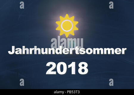 2018 Jahrhundertsommer avec de la craie écrit en allemand sur fond bleu sens été le plus chaud du siècle avec un soleil jaune graphic Banque D'Images