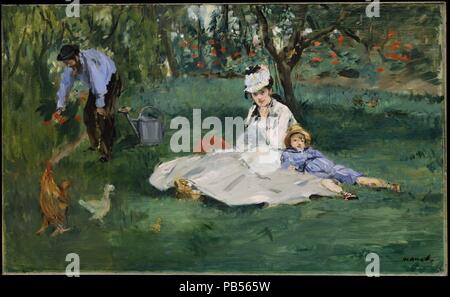 La famille Monet dans leur jardin à Argenteuil. Artiste : Édouard Manet (français, Paris 1832-1883 Paris). Dimensions : 24 x 39 1/4 in. (61 x 99,7 cm). Date : 1874. En juillet et août 1874 des vacances à sa famille Manet's house à Gennevilliers, juste en face de la Seine à partir de Monet à Argenteuil. Les deux peintres ont vu souvent les uns les autres que l'été, et un certain nombre de fois ils ont été rejoints par Renoir. Bien que cette peinture Manet était photo de Monet avec sa femme Camille et leur fils Jean Monet, Manet peint à son chevalet (emplacement inconnu). Renoir, qui est arrivé juste comme Manet était de commencer à travailler, bo Banque D'Images