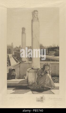 Cache-cache. Artiste : D'après Sir Lawrence Alma-Tadema (British (né aux Pays-Bas), station Dronrijp 1836-1912 Wiesbaden). Image : 14 Dimensions : 15/16 x 9 1/8 in. (38 × 23,2 cm) Plaque : 17 15/16 × 11 1/8 in. (45,5 × 28,2 cm) feuille : 19 9/16 × 15 1/8 in. (49,7 × 38,4 cm). Graveur : Leopold Löwenstam (Néerlandais, Düsseldorf 1842-1898 The Green House, Sussex). Editeur : Thomas McLean (britannique, Londres 1788-1885 actif). Date : 1891. Dans les jardins de la Villa Albani, près de Rome, une fille (peut-être la fille du jardinier) se trouve en haut d'un escalier classique et est titulaire d'un doigt sur ses lèvres. Une jeunesse à capuchon est Banque D'Images