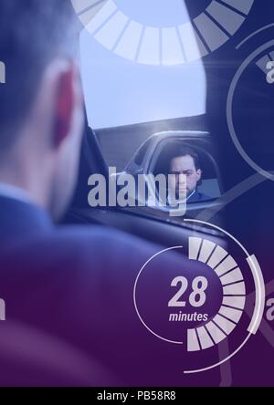 L'homme à la voiture autonome sans conducteur avec la tête de l'interface d'affichage Banque D'Images