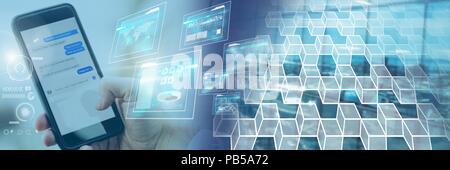 Hand holding phone avec affichage lumineux de l'interface et de transition Banque D'Images