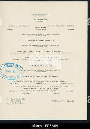 Dîner de Thanksgiving Day 1608 (organisé par ST). CHARLES HOTEL (à) "Milwaukee, WI" (hôtel ;) (NYPL)-275140-4000011618 Hades Banque D'Images