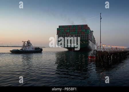 L'EVERGREEN Container Ship, JAMAIS ENVOYÉ SPÉCIAL passe le Los Angeles Harbour Pier pilote comme elle quitte le port de Los Angeles, Californie, USA. Banque D'Images