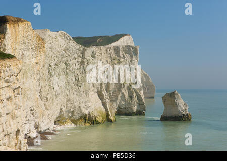 Belle falaise de craie blanche Seaford pile East Sussex England UK près de sept Sœurs avec falaises et clapotis des vagues de la mer et du ciel bleu Banque D'Images