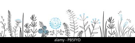 Vector frontière perméable avec la forêt et les plantes de prairie. Hand drawn doodle pour les trames de fond, scotch décoratif, des affiches, des illustrations pour les enfants. Illustration de Vecteur