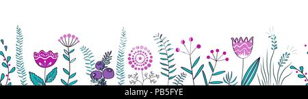 Vector frontière perméable avec la forêt et les plantes de prairie. Hand drawn doodle pour les trames de fond, scotch décoratif, des affiches, des illustrations pour les enfants. Illustration de Vecteur