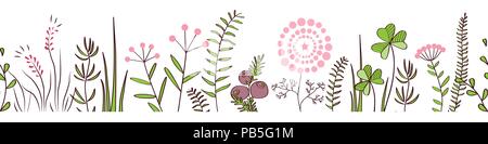 Vector frontière perméable avec la forêt et les plantes de prairie. Hand drawn doodle pour les trames de fond, scotch décoratif, des affiches, des illustrations pour les enfants. Illustration de Vecteur