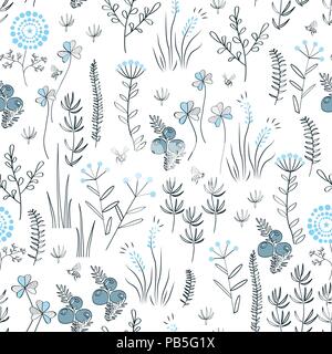 Vector Floral seamless pattern avec les herbes sauvages, les fleurs et les feuilles. Vintage fond botanique. Prairie naturelle à la main Illustration de Vecteur