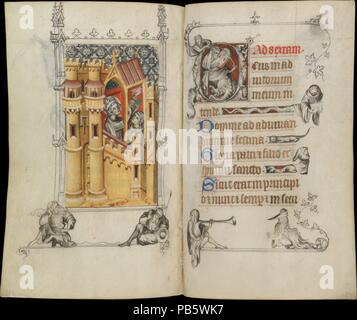 Les heures de Jeanne d'Evreux, Reine de France. Artiste : Jean Pucelle (français, actif à Paris, 1319-34). Culture : le français. Dimensions : même folio : 3 5/8 x 2 7/16 in. (9,2 x 6,2 cm) dans l'ensemble (avec reliure) : 3 7/8 x 2 13/16 x 1 1/2 in. (9,9 x 7,2 x 3,8 cm). Date : ca. 1324-28. À première vue, ce petit livre de prières, avec pas une trace d'or, pourrait sembler un peu probable la possession d'une reine de France. Mais c'est une œuvre d'art exceptionnelle : les chiffres sont rendus en grisaille délicate (nuances de gris), leur donnant une étonnante qualité sculpturale, et sont mis en valeur par la richesse des couleurs et des touches de Lila Banque D'Images