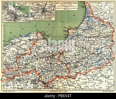 . Deutsch : Karte "Ost- und Westpreussen" (1 : 1 700 000) mit "Nebenkarten Umgebung von Danzig" und "Umgebung von Königsberg" (1 : 300 000) Anglais : Carte des provinces de l'Ouest et de la Prusse en 1890. Français : Carte de la Prusse-Occidentale et Prusse-Orientale en 1890. à partir de 1885 jusqu'à 1890 1026 Meyers b12 s0541a Banque D'Images