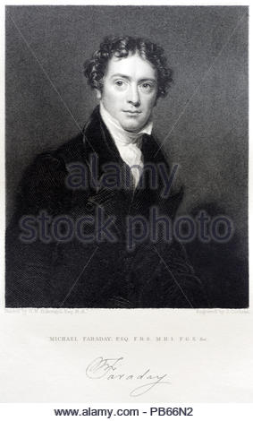 Michael Faraday FRS 1791 - 1867 portrait était un scientifique britannique qui ont contribué à l'étude de l'électromagnétisme et l'électrochimie, gravure ancienne de 1833 Banque D'Images