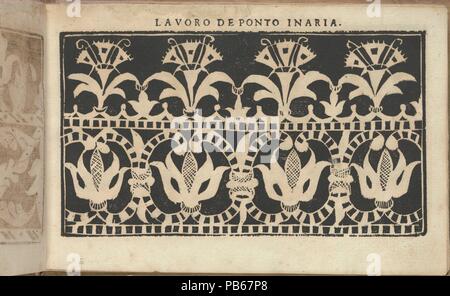 Studio delle Dame virtuose, page 11 (recto). Designer : Isabella Catanea Barbara (Italien, ca. 1565/70-ca. 1625). Dimensions : hors tout : 5 1/2 x 8 1/16 in. (14 x 20,5 cm). Editeur : Antonio Fachetti , Rome. Date : 1597. Conçu par Isabella Barbara Catanea, Italien, ca. 1575-ca. 1625, publié par Antonio Fachetti, Rome. De haut en bas, et de gauche à droite : Design composé de 2 registres horizontaux. Registre supérieur est décorée avec une vigne ondulées de 4 fleurs. Registre inférieur est décoré de 4 fleurs qui ont le noir et blanc à rayures tiges qui les encercler. Musée : Metropolitan Museum of Banque D'Images