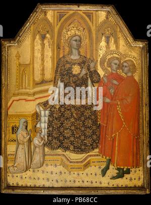 Contestante sainte Catherine et deux donateurs. Artiste : Cenni di Francesco di Ser Cenni (Italien, Florence, active en 1369-mort 1415). Dimensions : hors tout, avec cadre, 22 3/4 x 18 1/4 in. (57,8 x 46,4 cm) ; surface peinte 21 1/4 x 16 3/4 in. (54 x 42,5 cm). Date : peut-être ca. 1380. Une princesse d'une grande beauté et d'apprentissage, Sainte Catherine d'alexandrie (ive siècle) a été mis au défi d'un débat avec cinquante orateurs païens qui, tous, elle s'est convertie au christianisme. Ici elle compte sur les points de son différend à deux hommes qui portent des auréoles comme une indication de leur conversion par ses arguments (un Banque D'Images