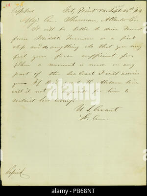 913 Lettre signée U.S. Grant, City Point, en Virginie, au major général Sherman (William T. Sherman), Atlanta, Géorgie, le 26 septembre 1864 Banque D'Images