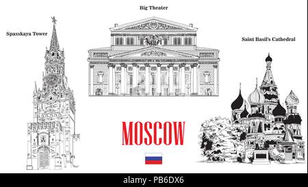 Spasskaya Bashnya, cathédrale Saint basilics et grand théâtre, monuments de Moscou, vecteur illustration dessin main isolé en couleur noir sur blanc zone Illustration de Vecteur